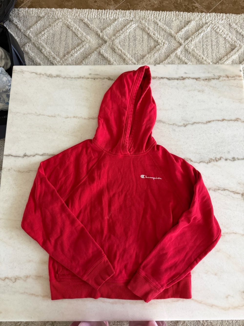 Champion Bright Red Hooded Sweatshirt with Script Logo Trim
